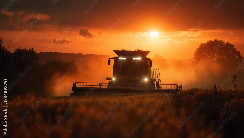 Fototapeta premium Harvester Working Golden Wheat Field at Fiery Sunset