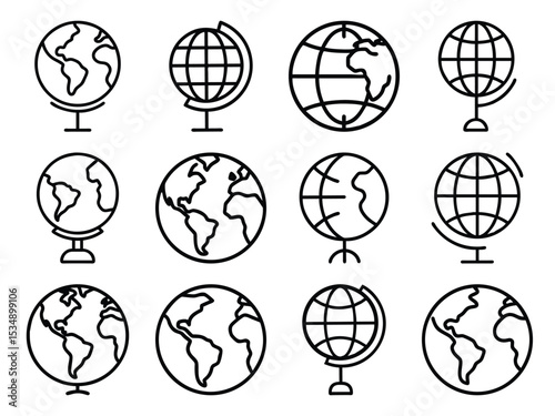 Collection Globe Icons in Silhouette Style on White Background – Minimalist Outline World Map and Earth Symbols for Education, Travel, and Geography

