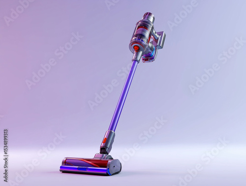 upright cordless vacuum cleaner with modern design standing on white background sleek and portable tool perfect for household cleaning visuals or smart appliance marketing 