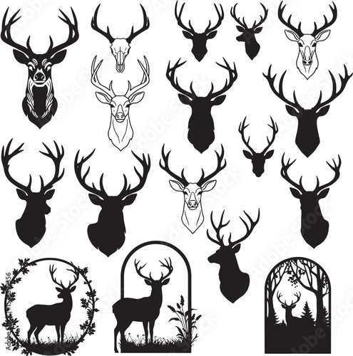 Collection of deer heads full bodies and antlers in various styles vector set