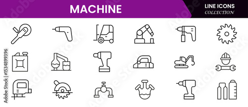 Robust vector web line icons depicting factory machinery, automation, production lines, industrial tools, and efficient manufacturing processes.