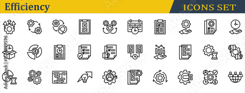 Efficiency Icon Set. Containing Delivery Time,Mechanism,Multitasking,Outsourcing,Planning,Priority,Resources Management,Schedule,Sop,Streamline,Utilization. Outline Style