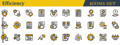 Efficiency Icon Set. Containing Delivery Time,Mechanism,Multitasking,Outsourcing,Planning,Priority,Resources Management,Schedule,Sop,Streamline,Utilization. Outline Color Lineal Style