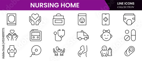 Compassionate vector web line icons depicting nursing home care, elderly support, healthcare, comfort, and community for senior living.