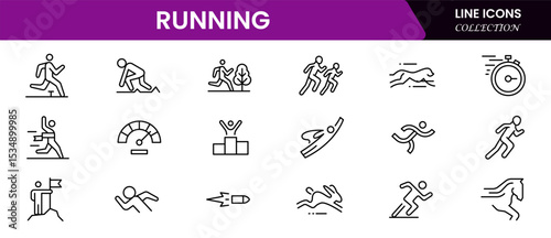 Dynamic vector web line icons showcasing running, athletic gear, speed, endurance, and fitness for an active, healthy lifestyle.