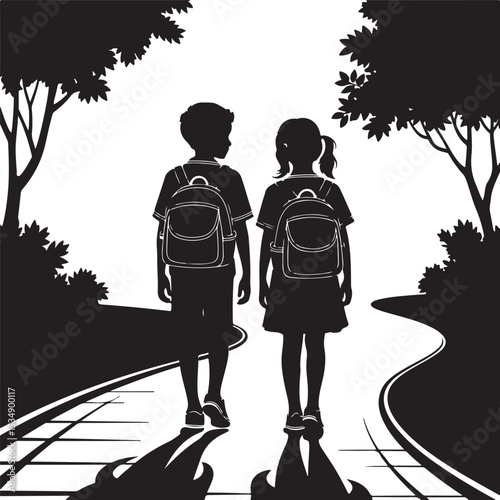 School Kids Walking Illustration Boy and Girl with Backpacks Silhouette Art