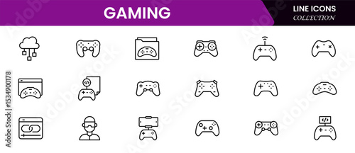 Vibrant vector web line icons showcasing gaming, controllers, virtual worlds, e-sports, and immersive digital entertainment experiences.