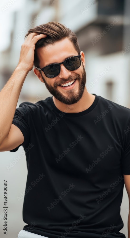 Naklejka premium mockup of a man wearing a black t-shirt, front pose isolated on a city background