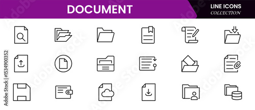 Streamlined vector web line icons depicting document management, filing, organization, digital archives, and efficient data handling solutions.
