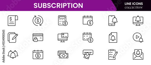 Modern vector web line icons depicting subscription services, recurring payments, memberships, streaming, and digital access for seamless user experiences.