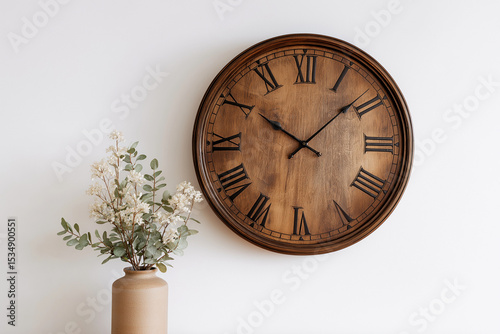 vintage wooden wall clock with roman numerals in cozy living room, traditional charm, antique touch, classic home feel, plain white background 
