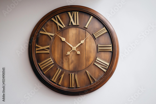 vintage wooden wall clock with roman numerals in cozy living room, traditional charm, antique touch, classic home feel, plain white background 