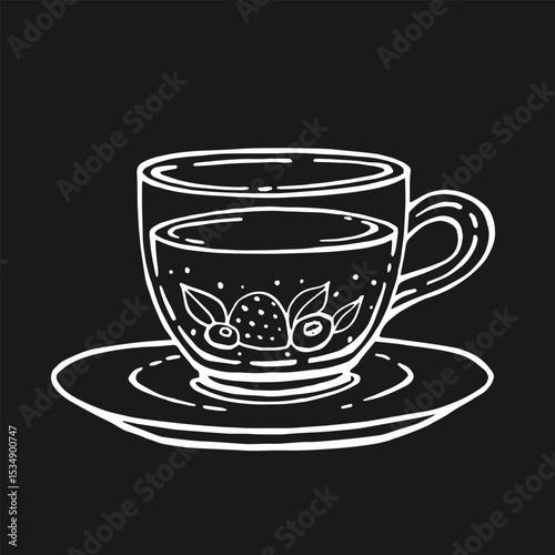 Glass cup of tea, berries. Hand drawn vector illustration in outline style.