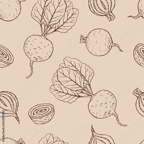 Seamless pattern with beetroot. Hand drawn vector illustration.