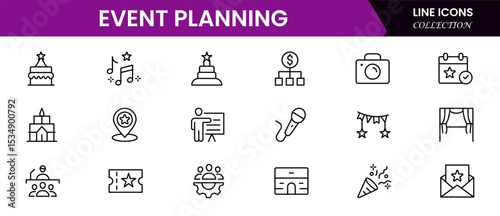 Organized vector web line icons depicting event planning, schedules, decorations, invitations, and seamless coordination for memorable occasions.