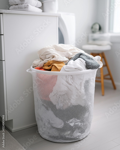 white mesh laundry hamper full of light clothing in modern bathroom, functional everyday item, organized lifestyle feel, plain white background 
