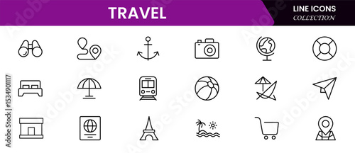 Streamlined vector web line icons depicting travel booking, flights, hotels, itineraries, and seamless online reservation experiences for adventurers.