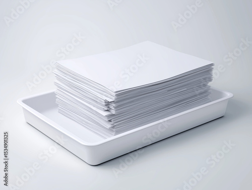 white plastic paper tray with stack of documents placed on clean white background essential for organizing paperwork perfect for office supplies visuals or stationery product ads 