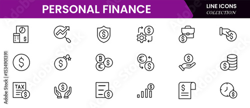 Clear vector web line icons depicting personal finance, budgeting, savings, investments, and financial planning for secure wealth management.