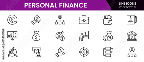 Clear vector web line icons depicting personal finance, budgeting, savings, investments, and financial planning for secure wealth management.