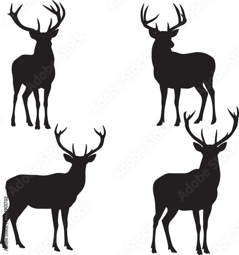 Four deer buck silhouettes in various standing poses with antlers vector set