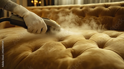 Steam cleaning a tufted gold upholstery sofa