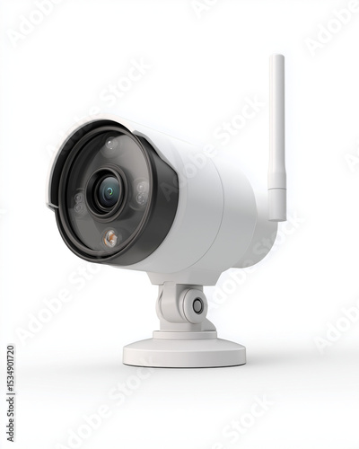 Wireless home security camera with night vision lens on white background, modern surveillance equipment for home safety 