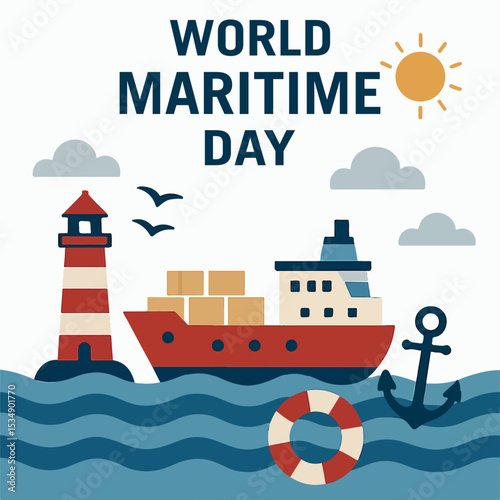 World Maritime Day Illustration – Ship, Sea, Lighthouse, Anchor & Ocean Symbols