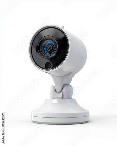 Wireless home security camera with night vision lens on white background, modern surveillance equipment for home safety 