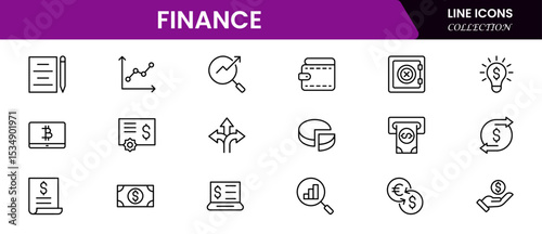 Sleek vector web line icons depicting finance management, budgeting, investments, accounting, and strategic financial planning for wealth growth.