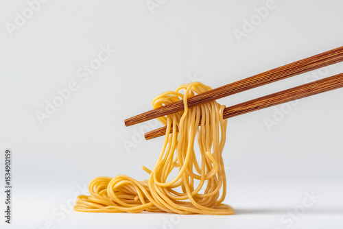 Wooden chopsticks holding raw noodles above white surface, unique and clear composition for food photography, noodle brand visuals, or cultural cuisine ads