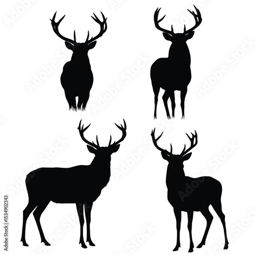 Four distinct deer silhouettes with large antlers vector set