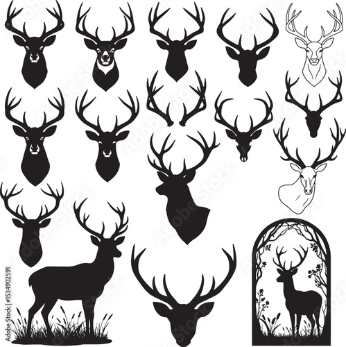 Large collection of various deer heads and full body silhouettes with antlers vector set