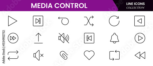 Sleek vector web line icons depicting media control, playback, streaming, volume, and an intuitive digital interface for seamless user interaction.