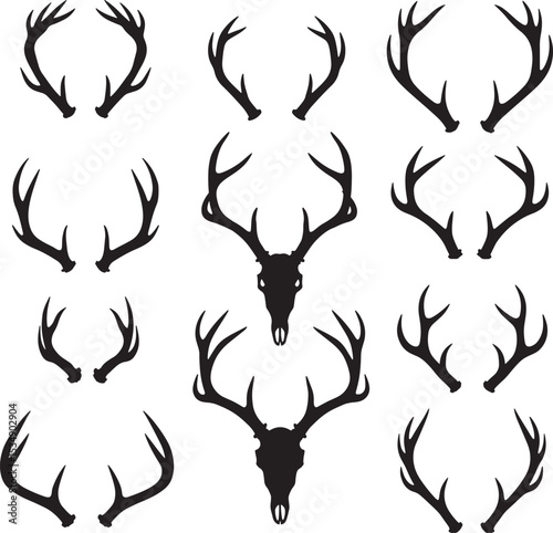 Nine different deer antlers with two deer skull and antler silhouettes vector set