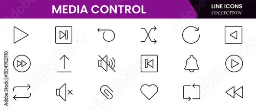 Sleek vector web line icons depicting media control, playback, streaming, volume, and an intuitive digital interface for seamless user interaction.