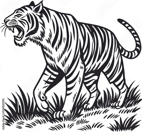 Majestic Roaring Tiger Illustration Black and White Line Art
