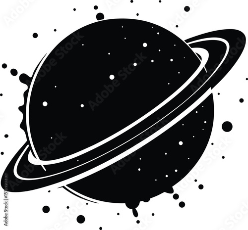 Stylized black and white planet with rings
