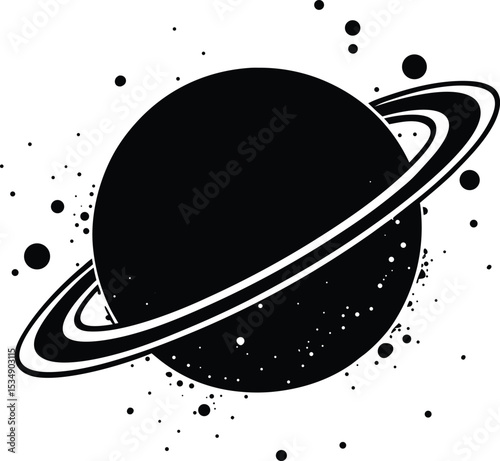 Stylized black and white planet with rings
