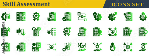 Skill Assessment Icon Set. Containing Appraisal,Mastery,Performance Appraisal,Performance Management,Quality Management,Self Assessment,Technical Support,Time Management. Solid Gradient Style