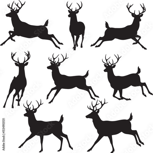 Nine different deer buck silhouettes in various dynamic poses with antlers vector set