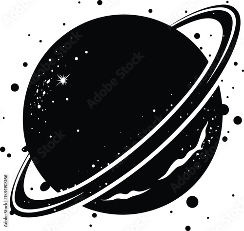 Stylized black and white planet with rings