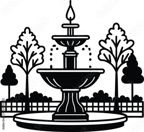Ornate garden fountain with trees and plants