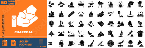 Charcoal Solid Editable Icons set. Vector illustration in modern thin solid style of charcoal icons: wood, firewood, rock, etc