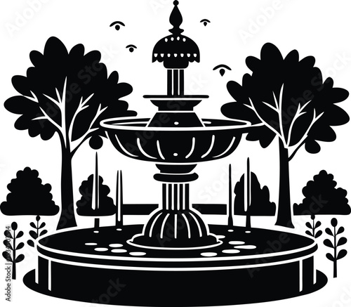 Ornate garden fountain with trees and plants