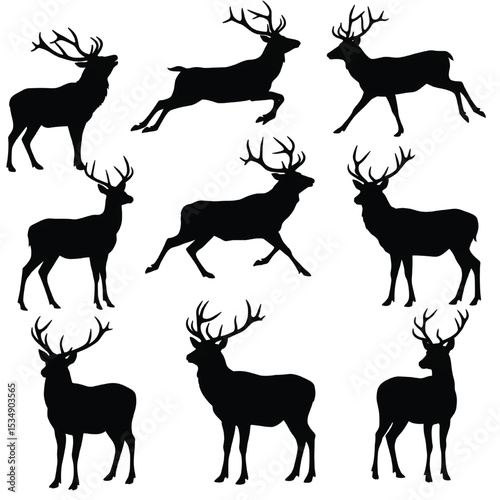 Nine distinct deer buck silhouettes in various natural poses with impressive antlers vector set