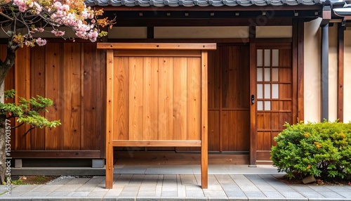 Wooden advertising board in front of Japanese cafe entrance