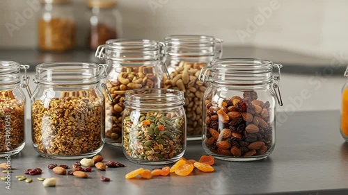 Assorted jars of nuts and dried fruits on countertop