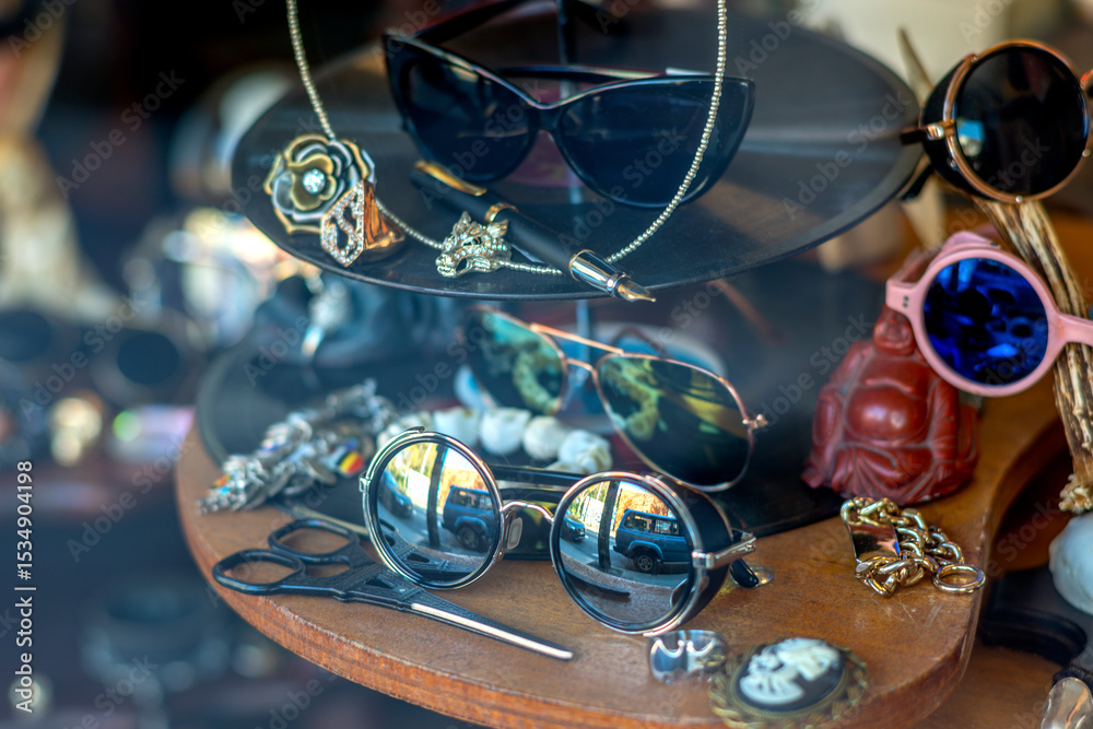 Collection of ornate objects in shop front Collection of ornate objects in shop front