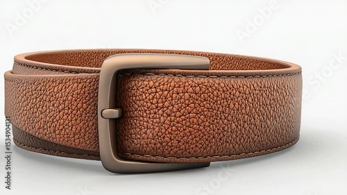 Close-up of a textured brown leather belt with a metallic buckle on a neutral background